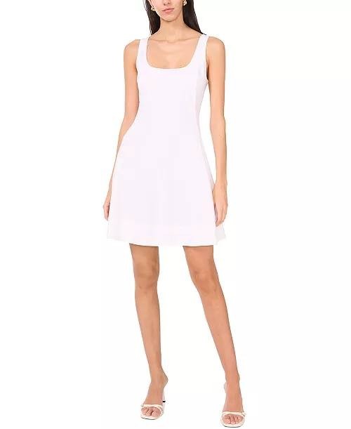 1.STATE Scoop‑Neck Full‑Circle Linen‑Blend Mini Dress White L NWT $99