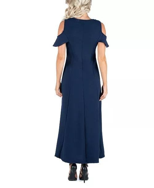 24seven Comfort Apparel Ruffle Cold Shoulder A‑Line Maxi Dress Navy M NWT $90