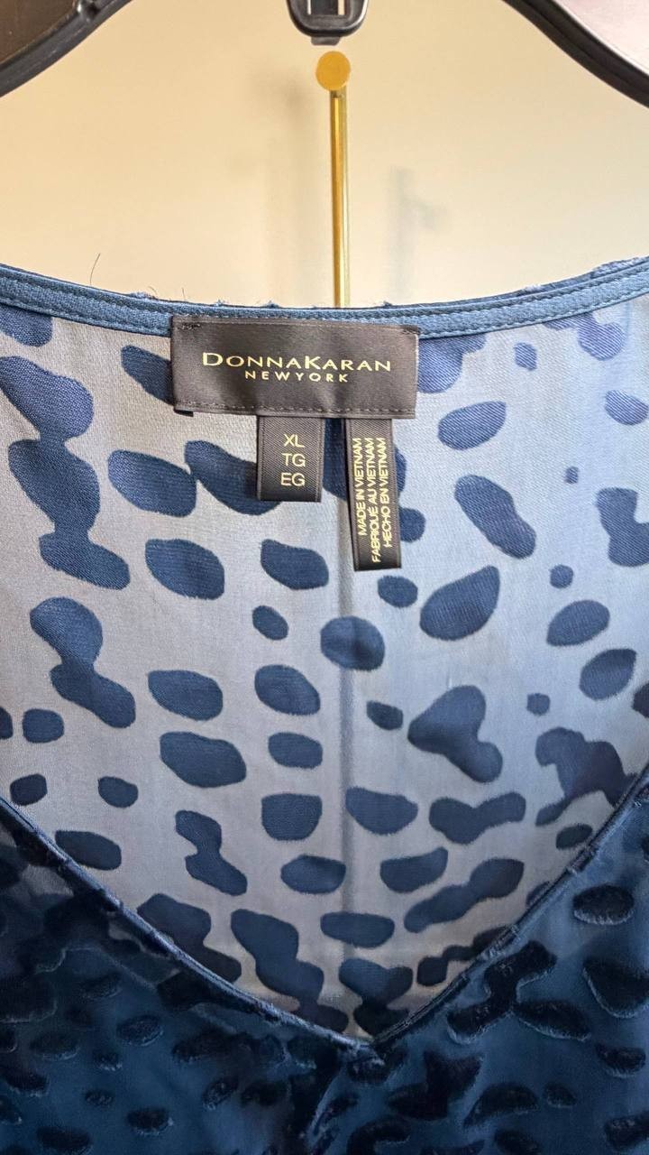 Donna Karan NY Cap‑Sleeve Silk‑Blend Burnout Blouse Blue XL NWT $129