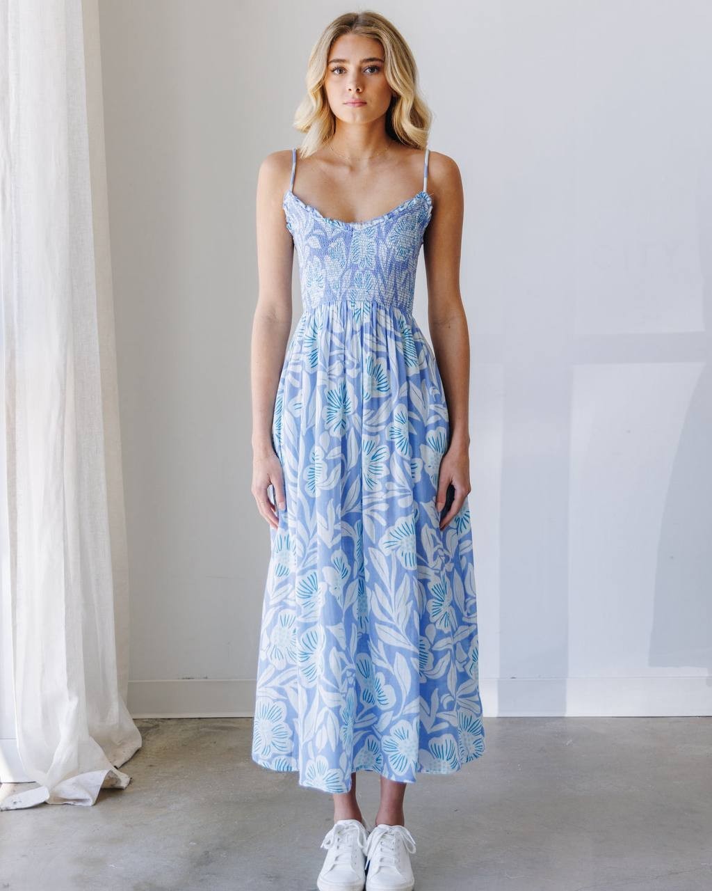 Free People Sweet Nothings Midi Dress Blue Vista XS NWT Smocked Bodice