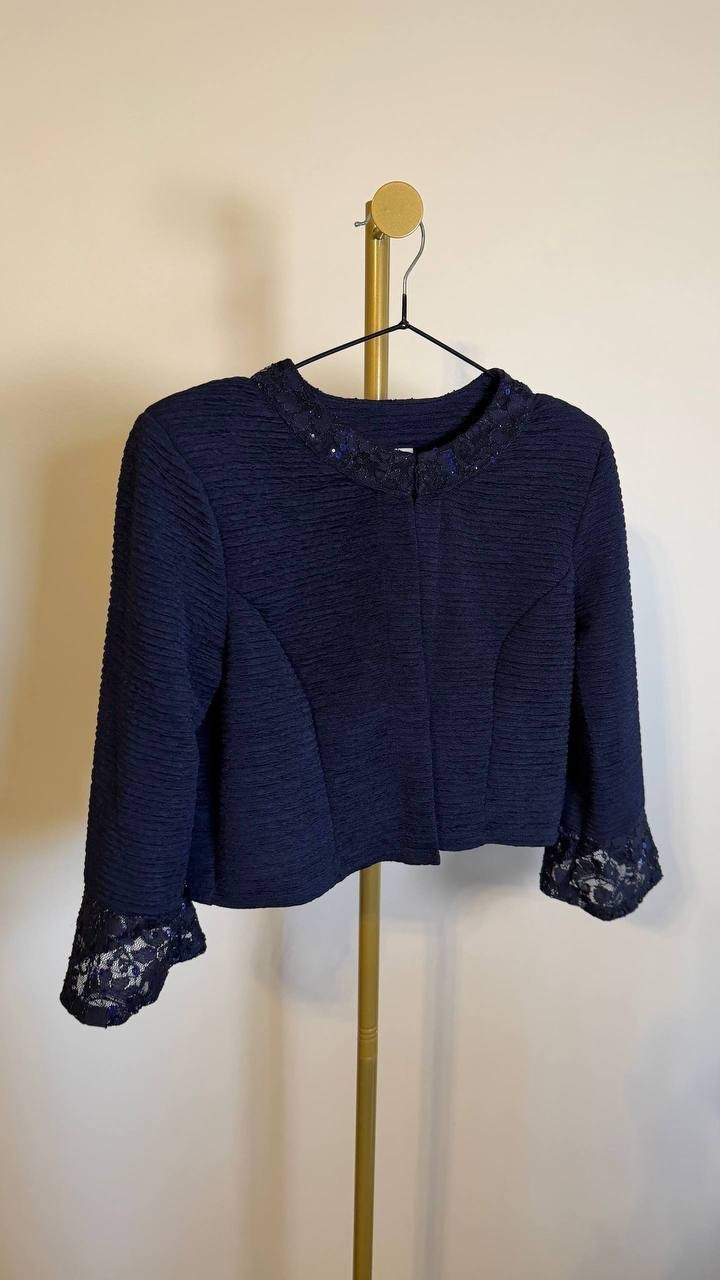 NY Collection Women’s Petite Novelty Knit Lace Trim Jacket Navy 8P NWT