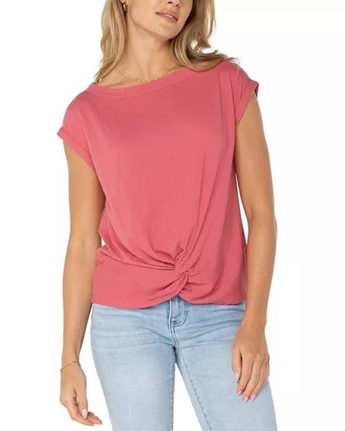 Liverpool Boat Neck Knit Top Slate Rose S NWT Linen Blend Twist Knot Front