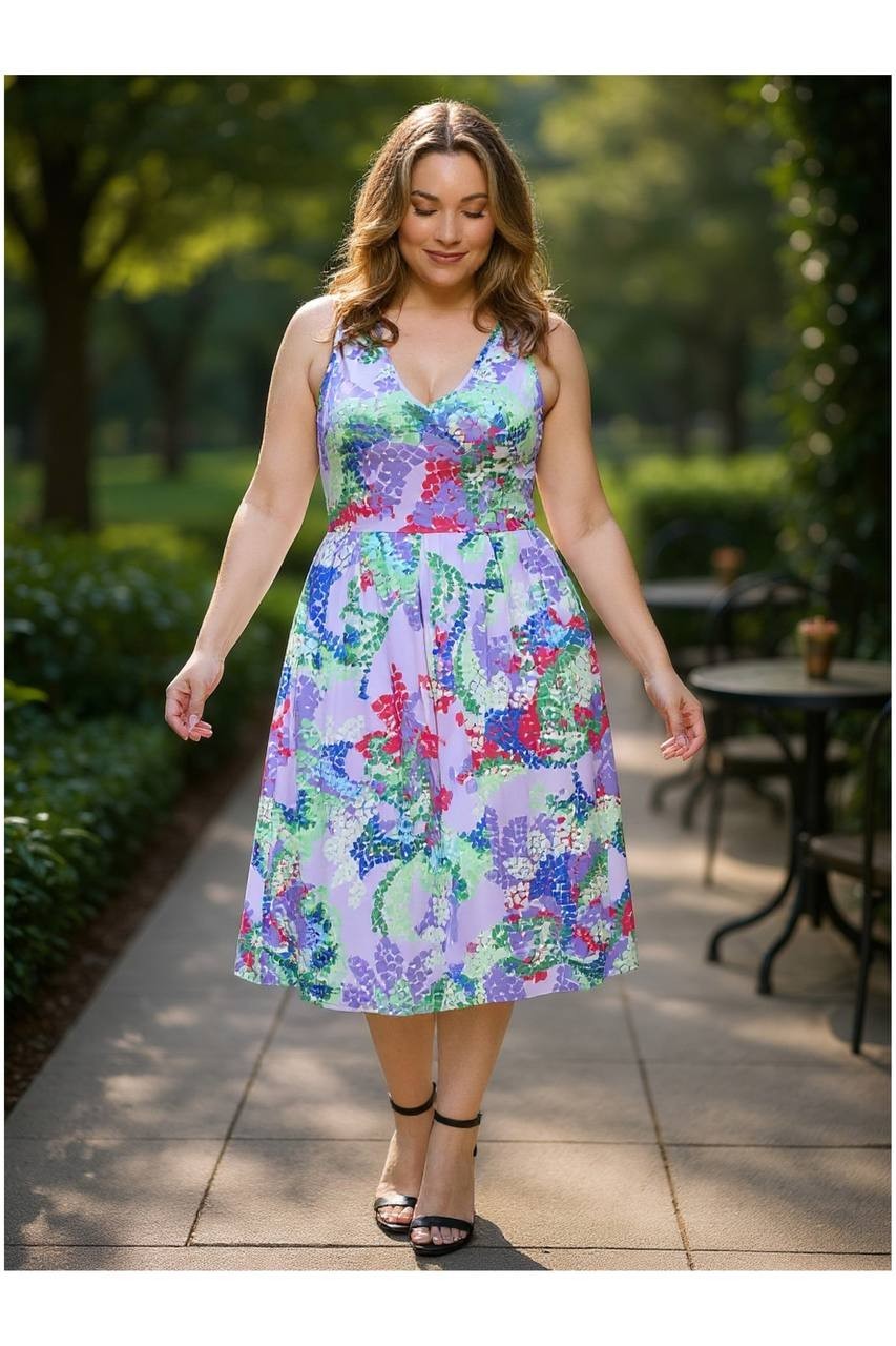 24seven Comfort Apparel Plus Abstract  Midi Dress Purple Multi 2XL NWT $64