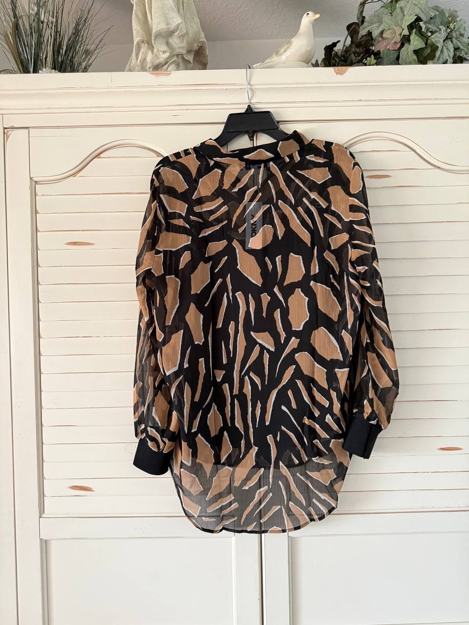 DKNY Shirt M Abstract Geo Floral Chiffon Long Sleeve Button Front Semi Sheer NWT