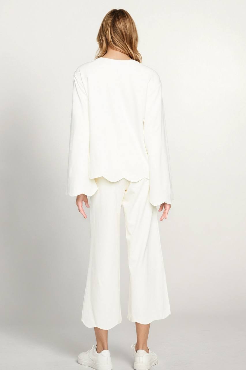 Three Dots Scalloped Bell Sleeve Henley Top White M $78 NWT