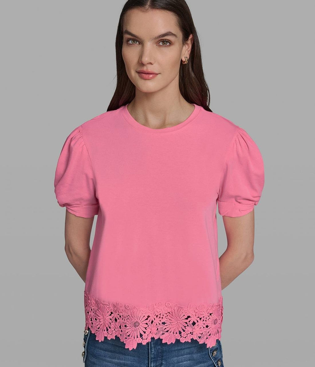 Karl Lagerfeld Cotton & Modal Floral Lace Hem Tee Pink Carnation XS NWT $79