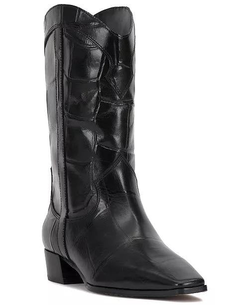 Vince Camuto Prilie Square‑Toe Western Leather Boots Black 7.5M NWB $169