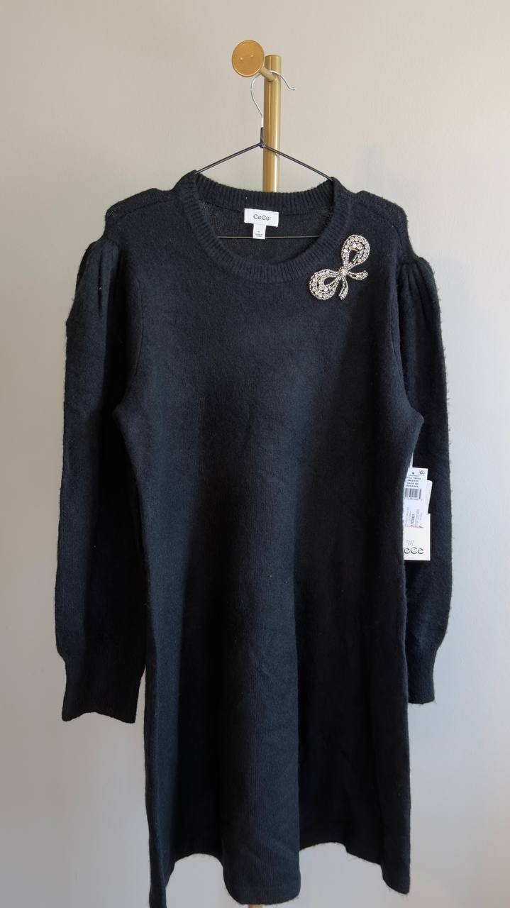 CeCe Bow Applique Sweater Dress Rich Black XL NWT $99