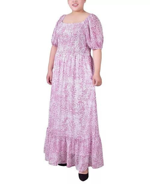 NY Collection Plus Size Short Sleeve Smocked Maxi Dress Pastel Mauve 1X NWT $48