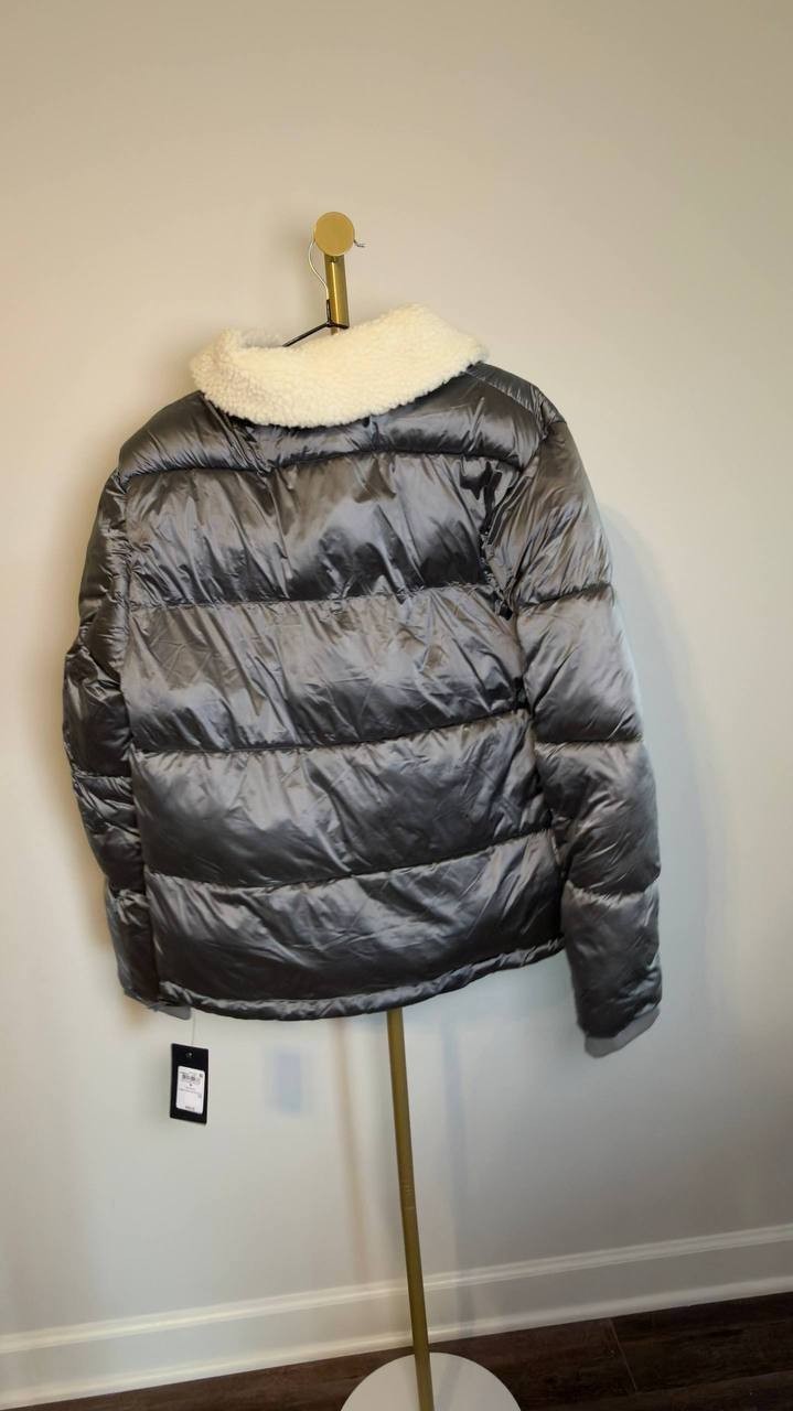GUESS Men’s Puffer Jacket Sherpa Collar Silver Soiled M NWT $250