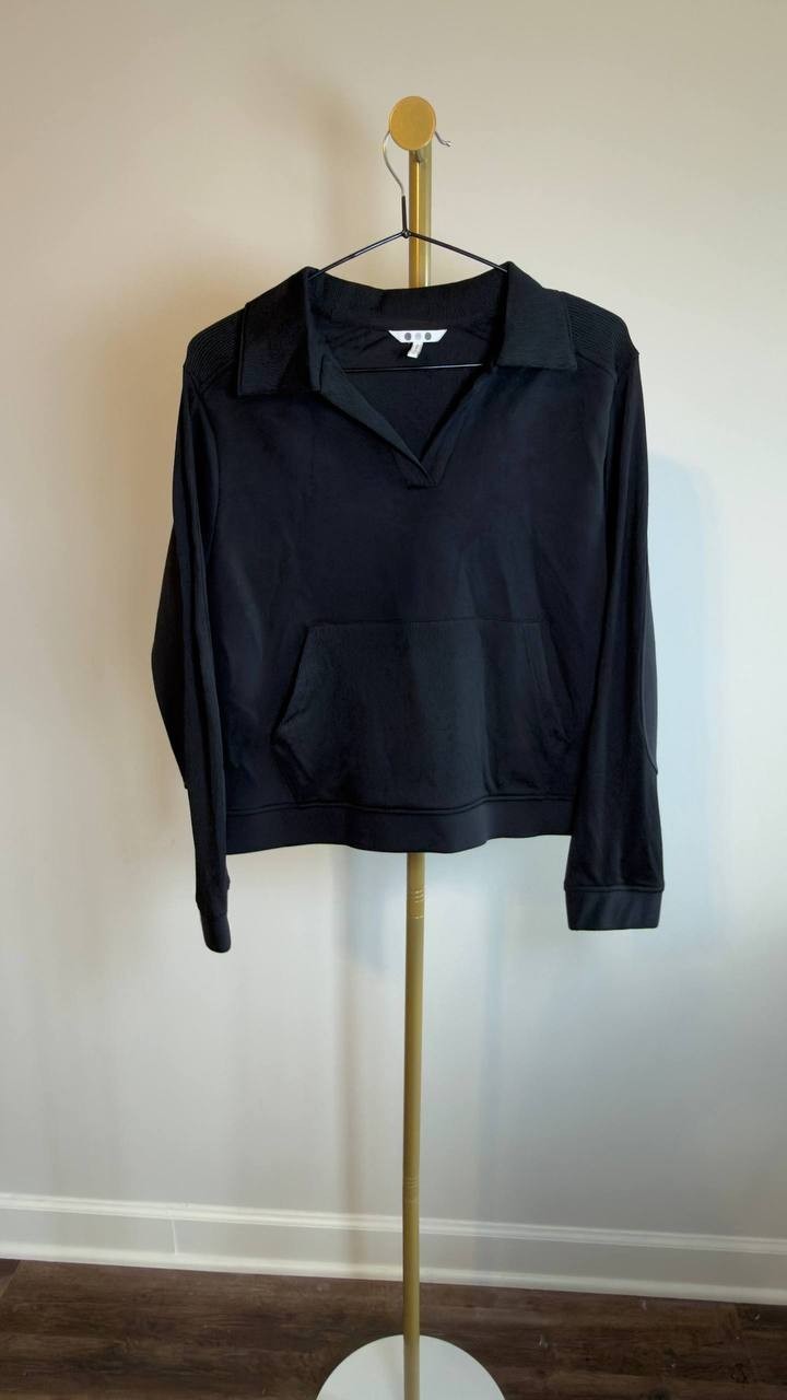 Three Dots Kendra Collared V‑Neck Long‑Sleeve Top Black XS NWT $88