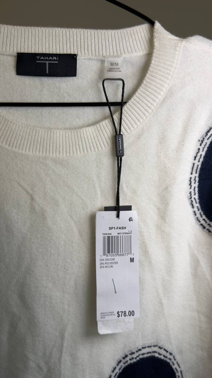 T Tahari Boatneck Whip Stitch Polka Dot Sweater White/Navy M NWT $78