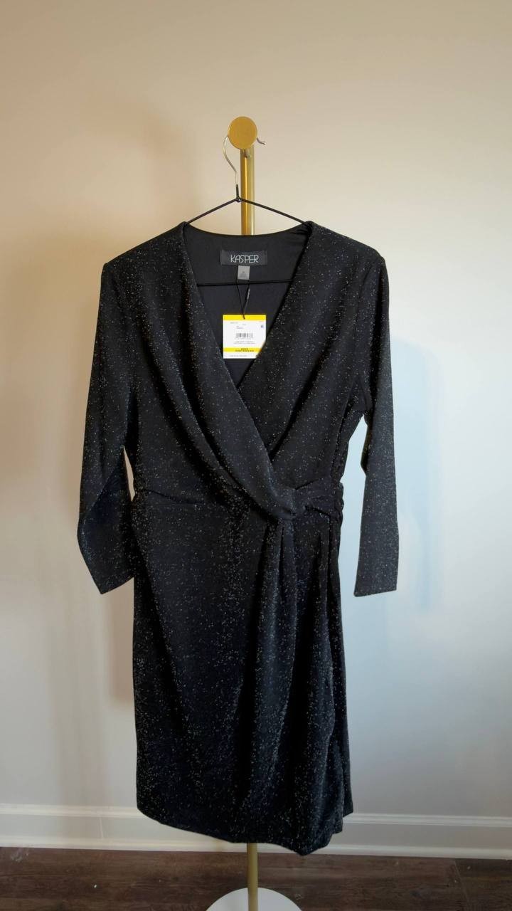 Kasper Twist‑Front 3/4‑Sleeve Glitter Sheath Dress Black M NWT $99