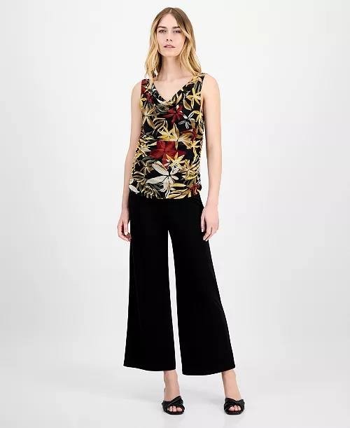 Anne Klein Printed Ruched Draped-Neck Mesh Top Black Floral XL NWT $59