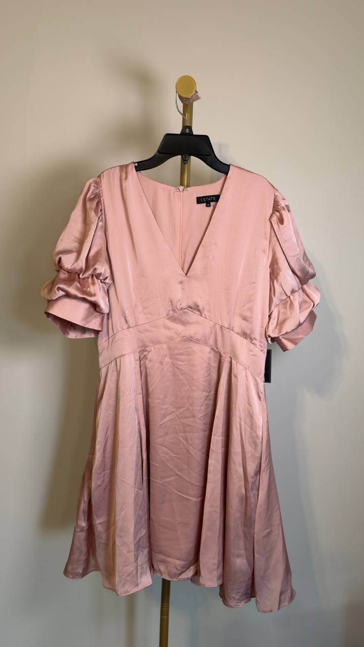 1.STATE Bubble Sleeve V‑Neck Fit & Flare Dress Light Pink L NWT $89