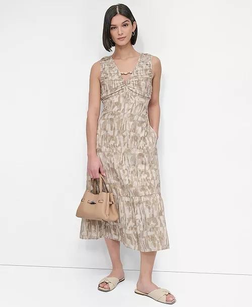 DKNY City Burnout Beaded‑Trim V‑Neck Dress Beige M NWT $139