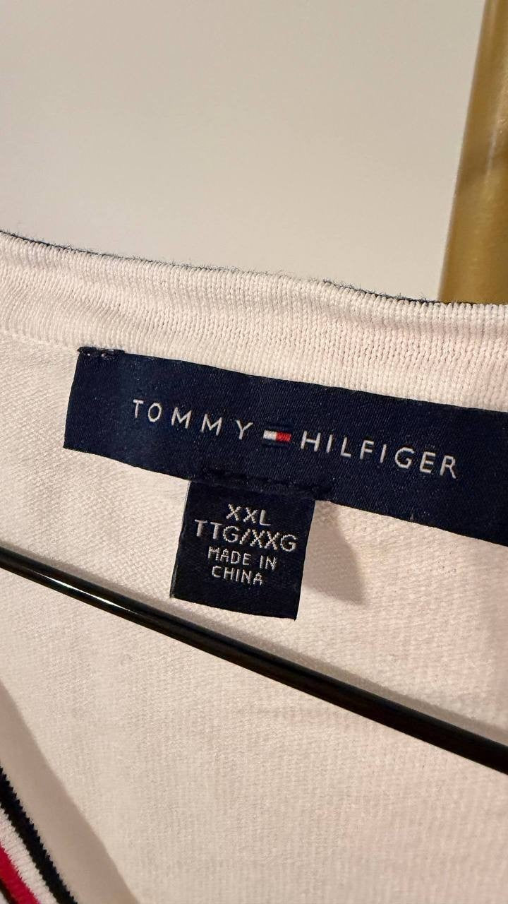 Tommy Hilfiger Cotton Hotfix V‑Neck Sweater White XXL Good Condition msrp$69.50