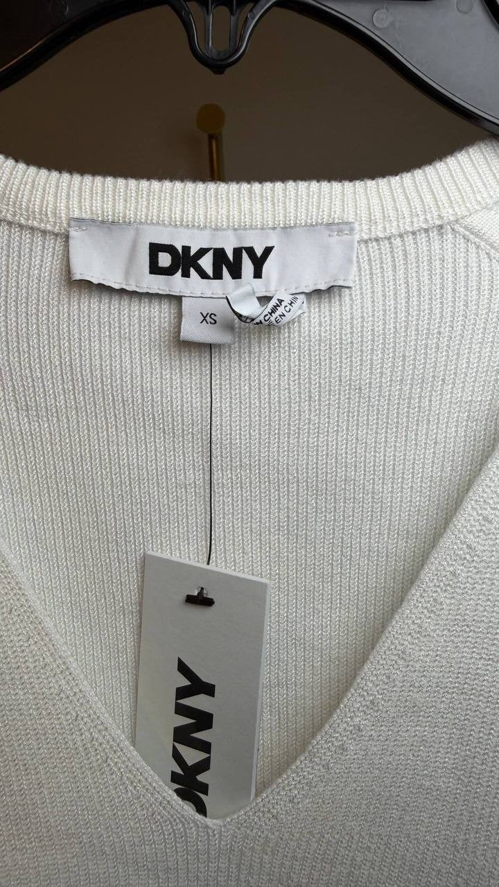 DKNY Women’s Mixed‑Media V‑Neck Top Ivory XS NWT $79