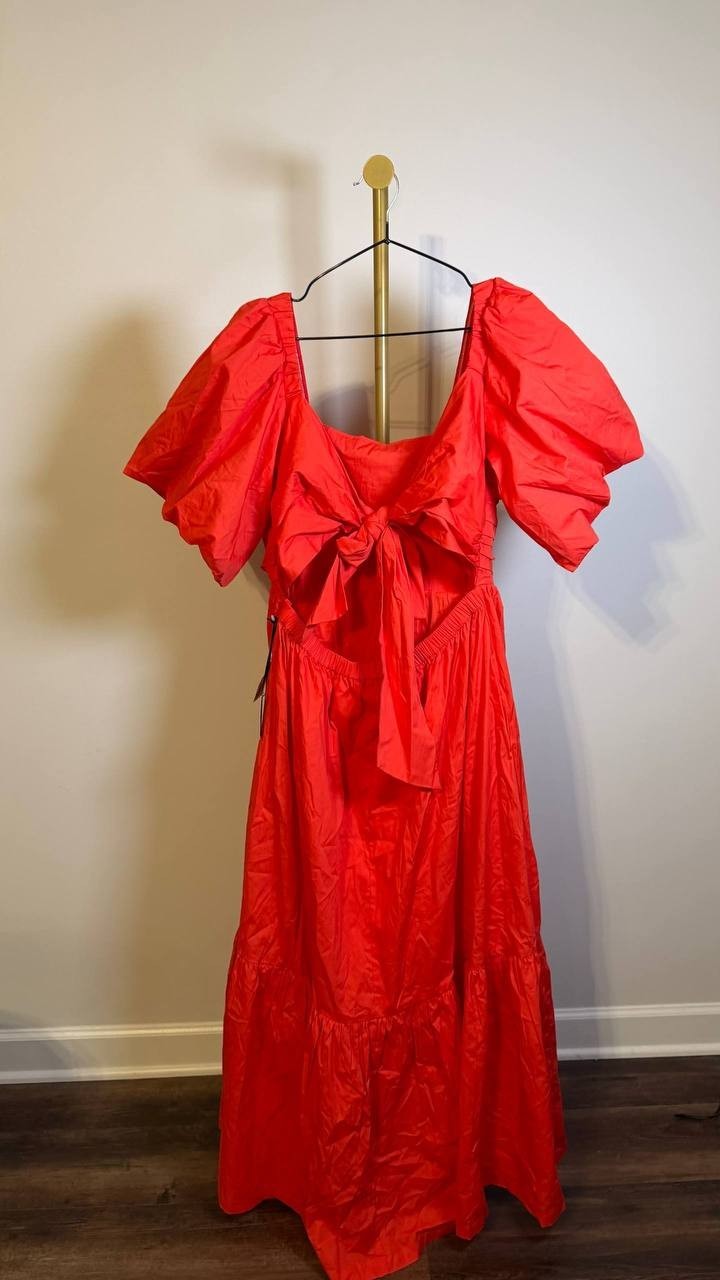 CeCe Women’s Square‑Neck Puff‑Sleeve Tie‑Back Maxi Dress Red L $109 NWT