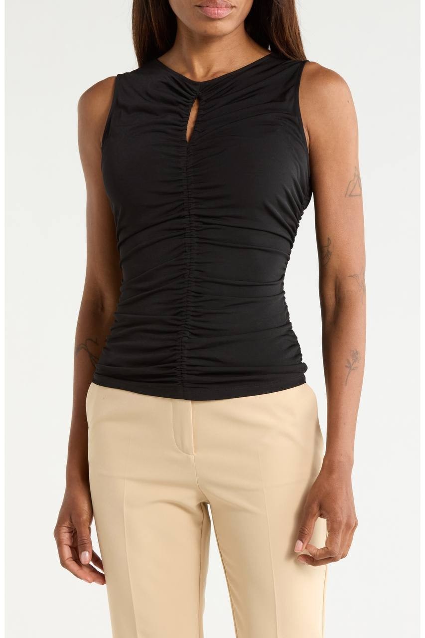 BOSS Emacha Shirred Keyhole Tank Black L NWT $69