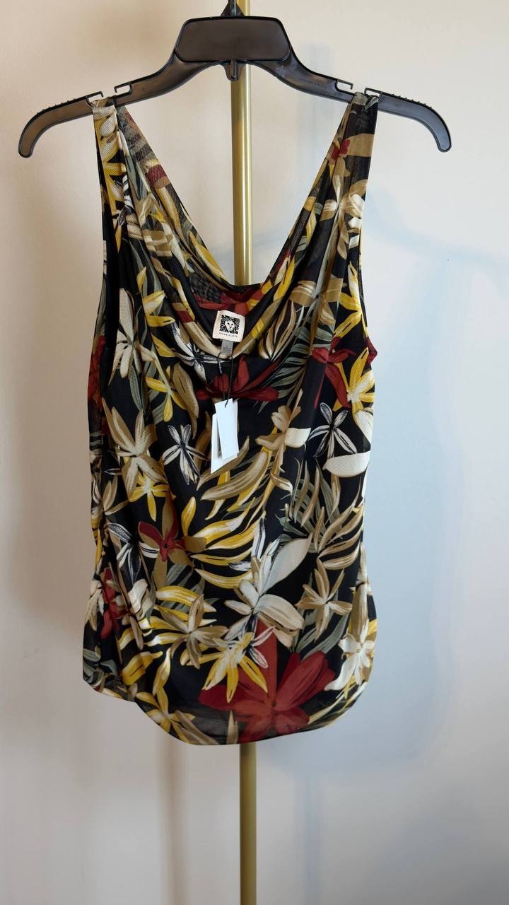 Anne Klein Women’s Printed Ruched Draped‑Neck Mesh Top Floral L NWT $69
