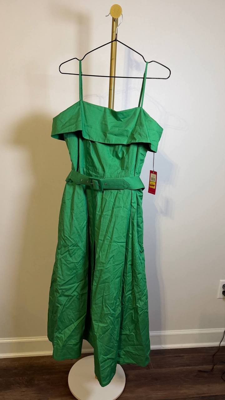 Vince Camuto Cotton Belted Foldover‑Neck Midi Dress Green 12 $168 NWT