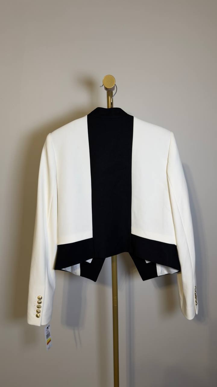 BCBG Stand‑Up Collar Open‑Front Blazer White/Black 12 NWT $59