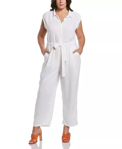 ELLA Rafaella Jumpsuit 3X White Linen Blend Sleeveless Belted Cropped Pants NWT