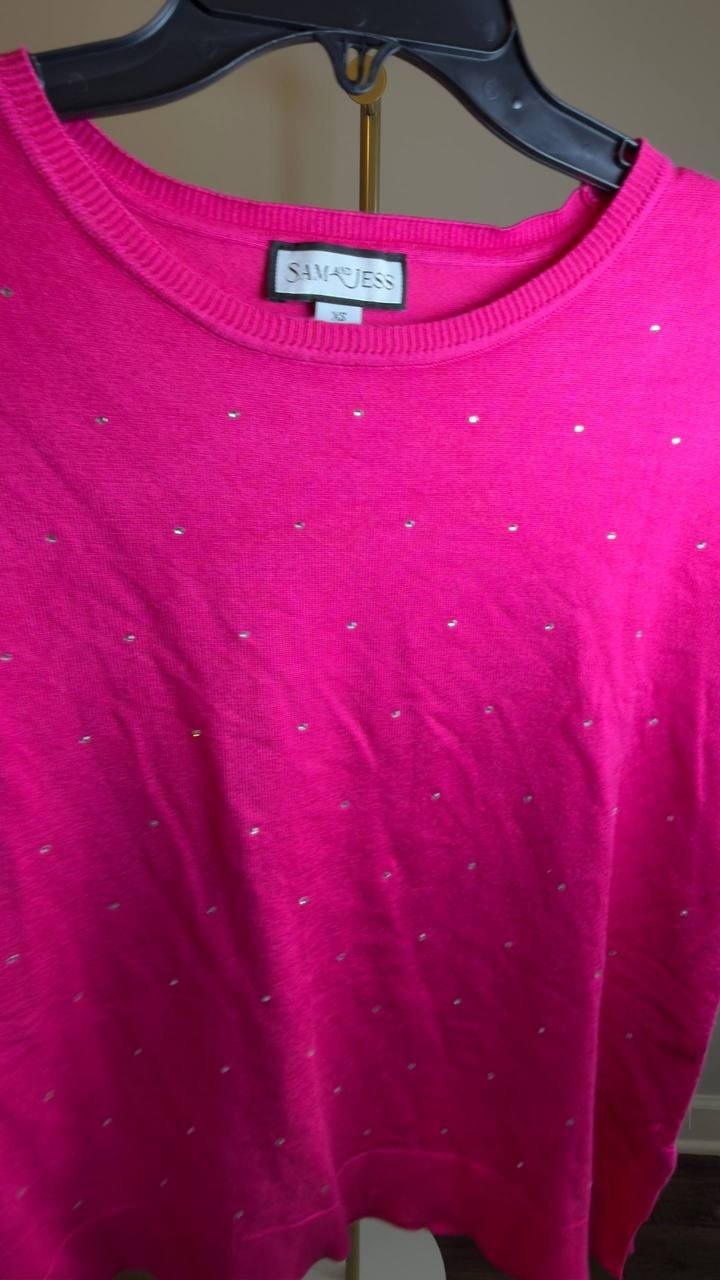 Sam & Jess Short‑Sleeve Embellished Sweater Electric Pink XS NWT $59