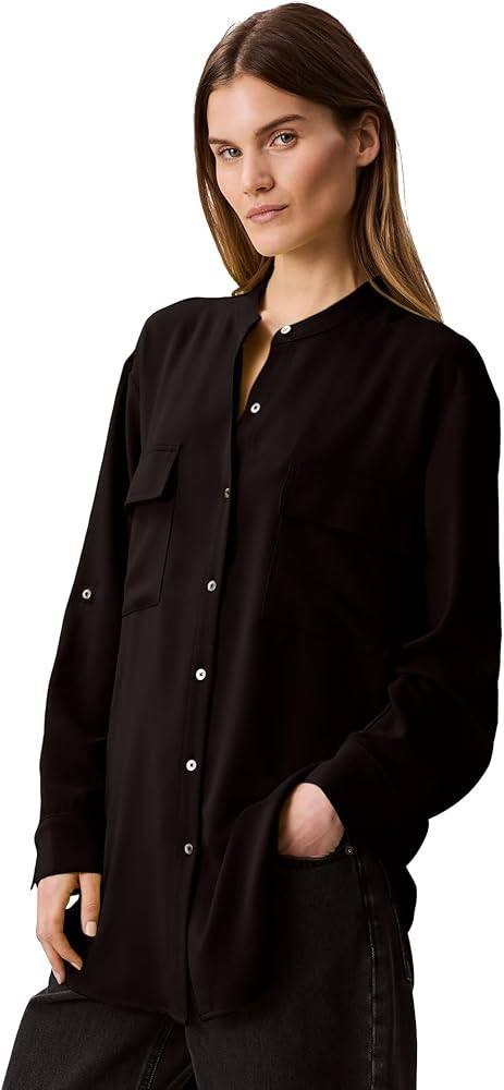 Calvin Klein Crepe Relaxed Button‑Front Shirt Black M NWT $79