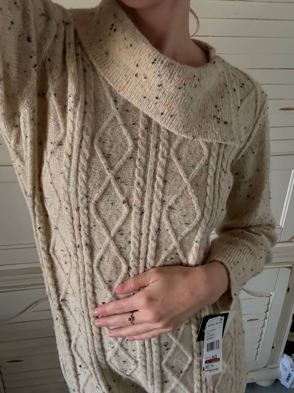 Sandra Darren Cable Knit Sweater Dress Beige Speckled Size L NWT $89 – Cozy Chic