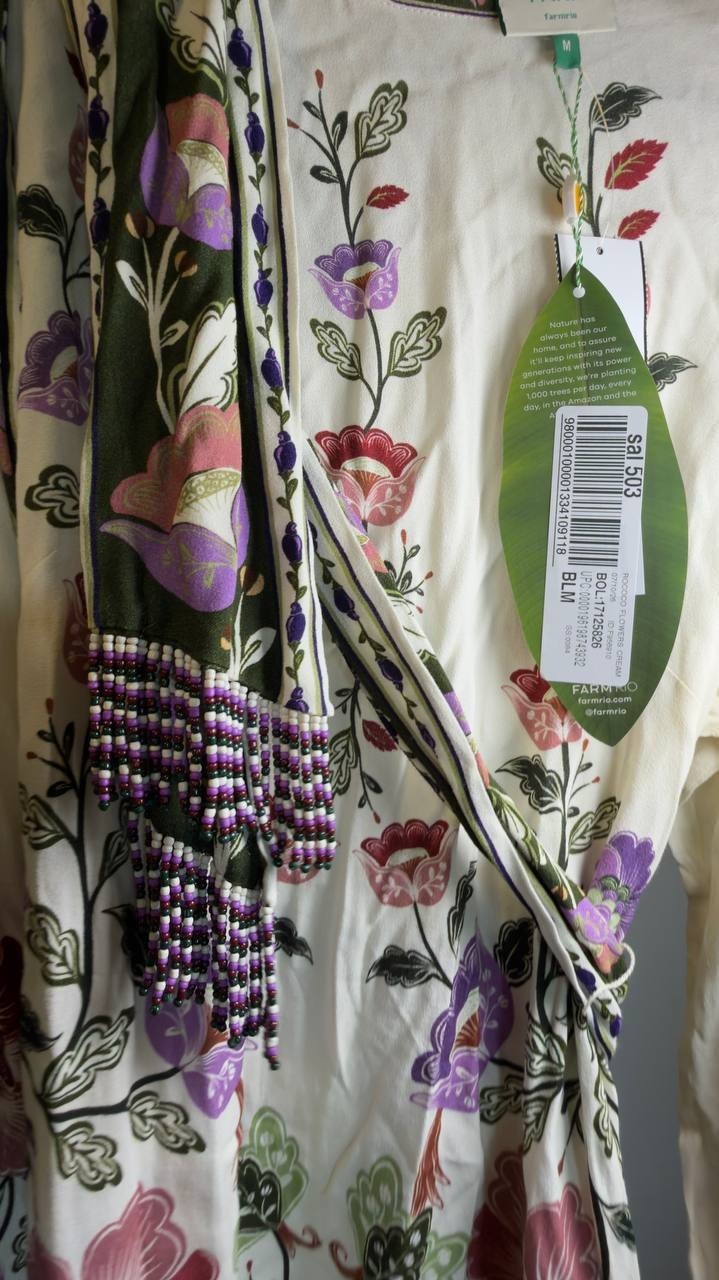 FARM Rio Rococo Long‑Sleeve Tiered Mini Dress White Multi M NWT $248