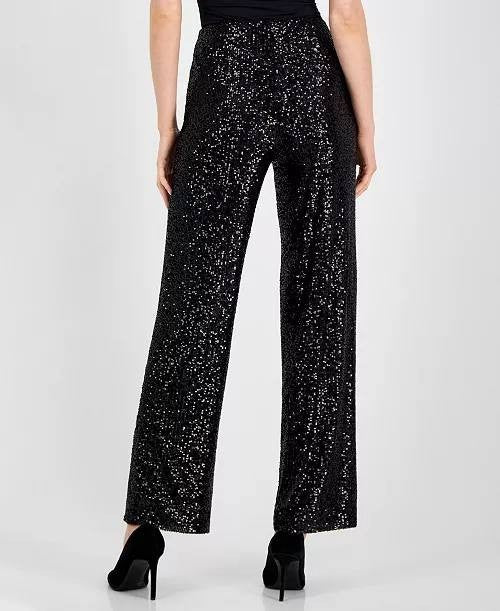 Anne Klein Women's Black Pull-on Sequin Wide-Leg Pants Size-XL