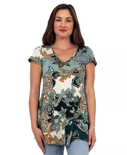 24seven Comfort Apparel Women’s Floral Print V‑Neck Top Blue/Ivory M NWT $67