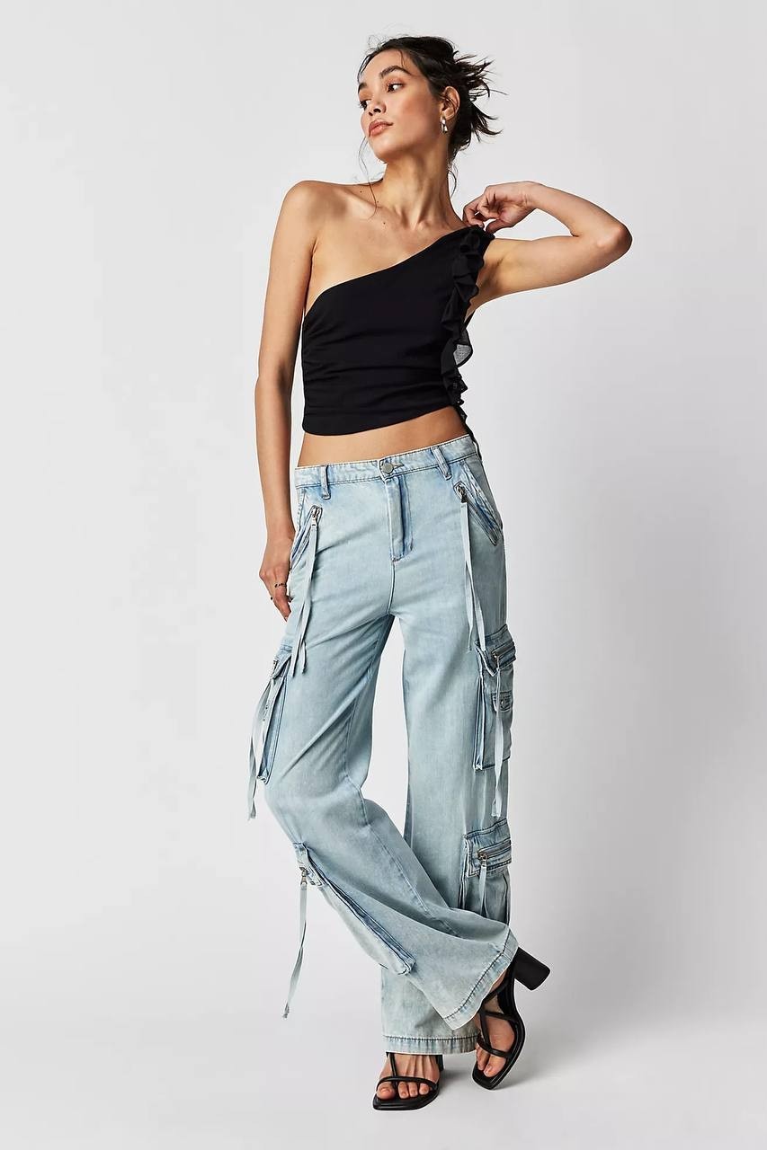 Free People Cargo Zip Jeans 28 Blue Lagoon Utility Style NWT MSRP $128