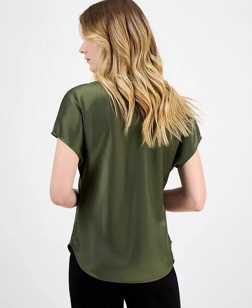 Anne Klein Solid Cowlneck Short-Sleeve Blouse Olive L NWT $69