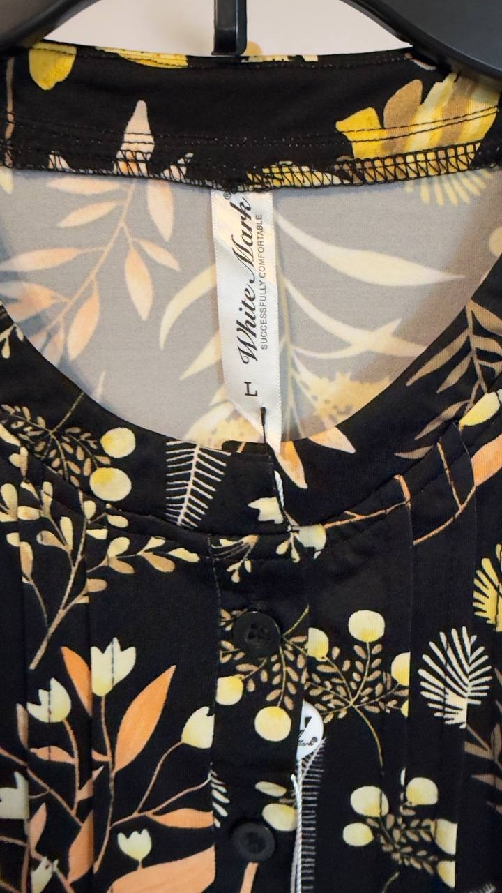 White Mark Floral Sleeveless Tunic Top Pin-Tuck Pleated Black L NWT $52