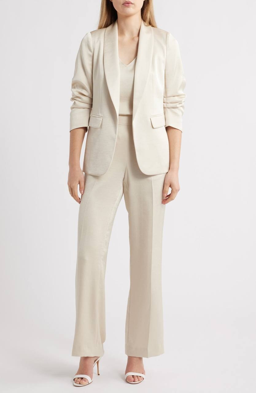 Anne Klein Ruched‑Sleeve Satin Blazer – Light Parchment – Size XL – NWT – $159
