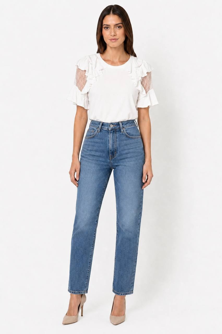 Karl Lagerfeld Paris Ruffle Mesh Short Sleeve Top White S NWT $79