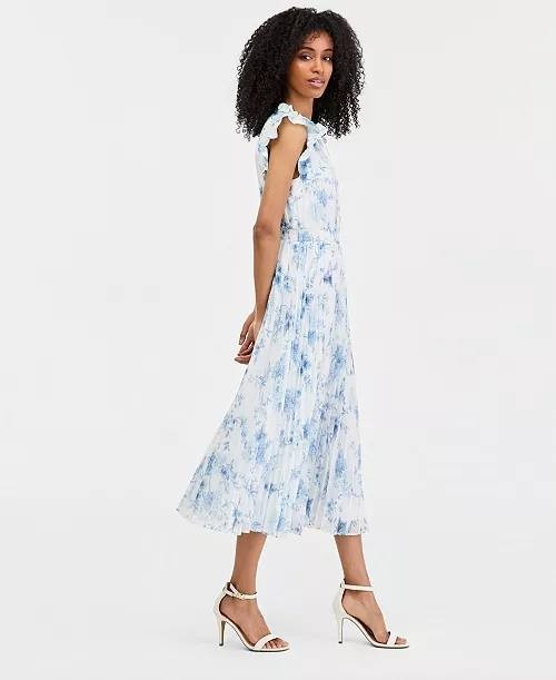 Anne Klein Pleated Flutter‑Sleeve Midi Dress Crisp White Multi 16 NWT $159