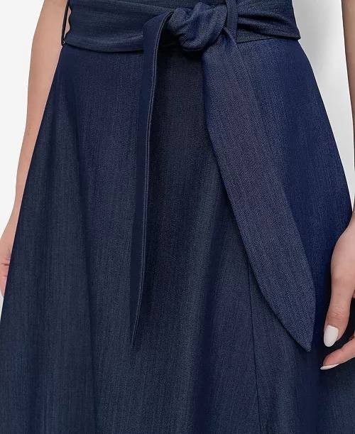 DKNY Maxi Skirt 14 Navy A-Line Tie Belt Waist Flowy Silhouette NWT $108