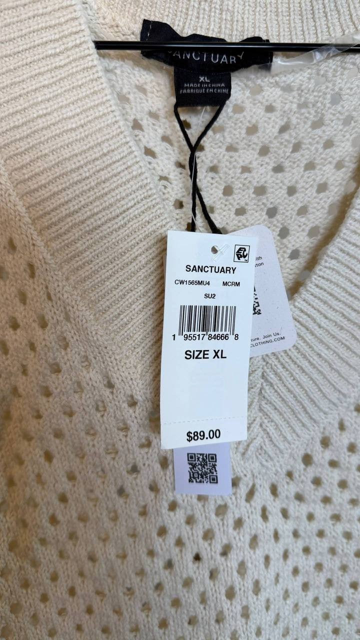 Sanctuary Women’s Airy Openwork Sweater White Macrame V‑Neck Size XL NWT damage