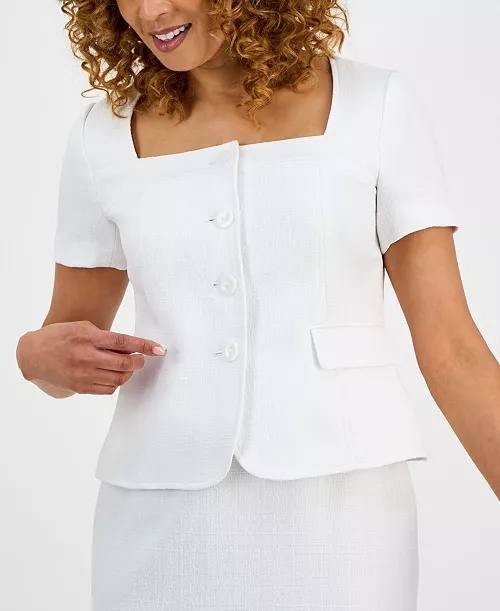 Le Suit Skirt Set 4P Natural White Tweed Square Neck Button Jacket Slim NWT $265