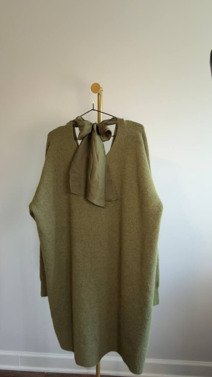 Lands’ End Fuzzy Bow Back Mini Sweater Dress Olive Drab Heather XL NWOT $109.95