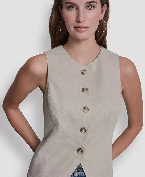 DKNY Jeans Linen‑Blend Crewneck Button‑Front Vest Pebble S NWOT $79