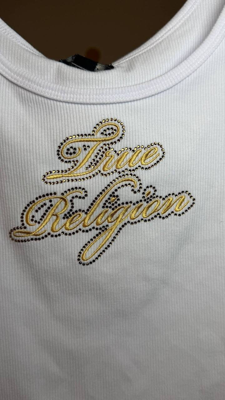 True Religion Raw Hem Crystal Logo Tank Top White XXL NWT $59