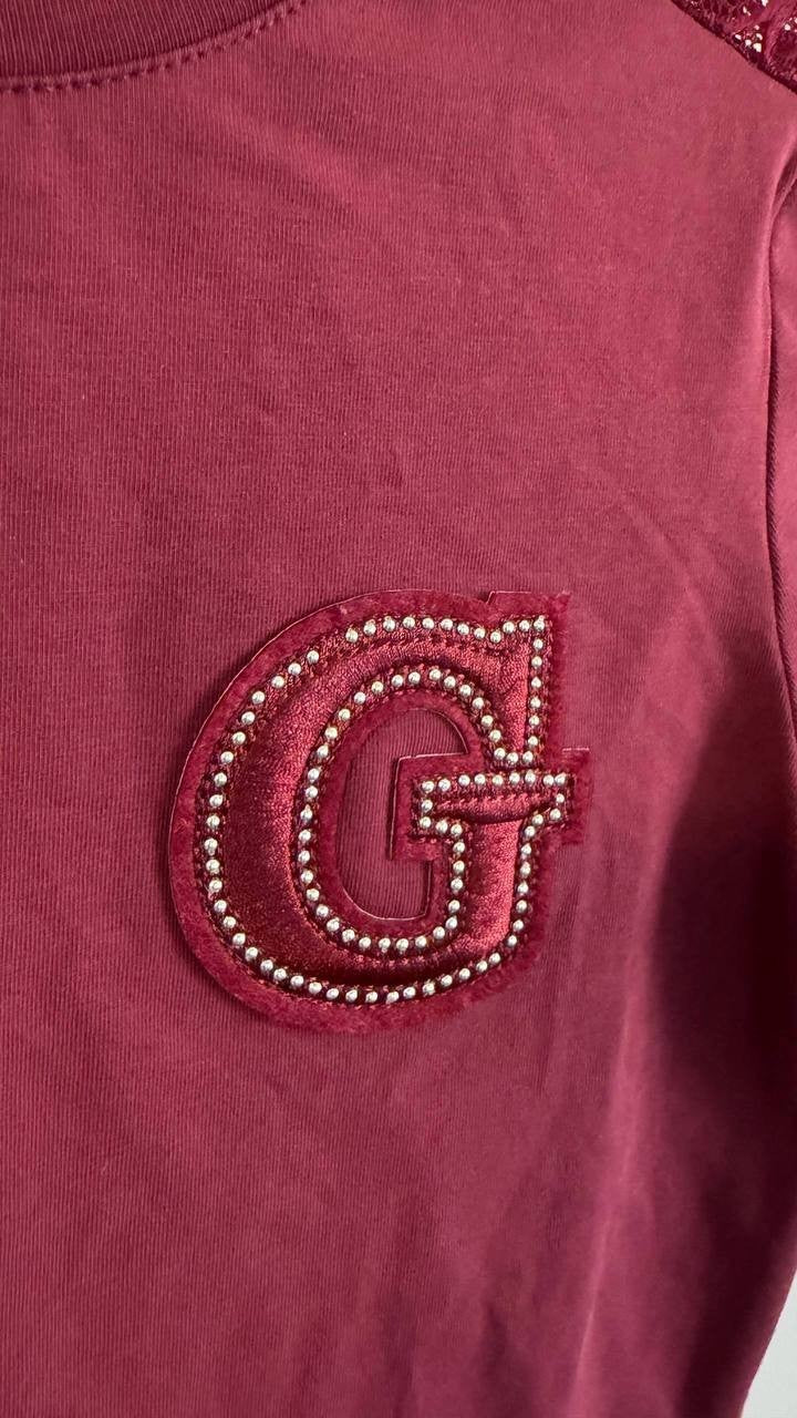 Guess Women’s Lace Sleeve Rhinestone Logo Tee Burgundy XS $50 NWT