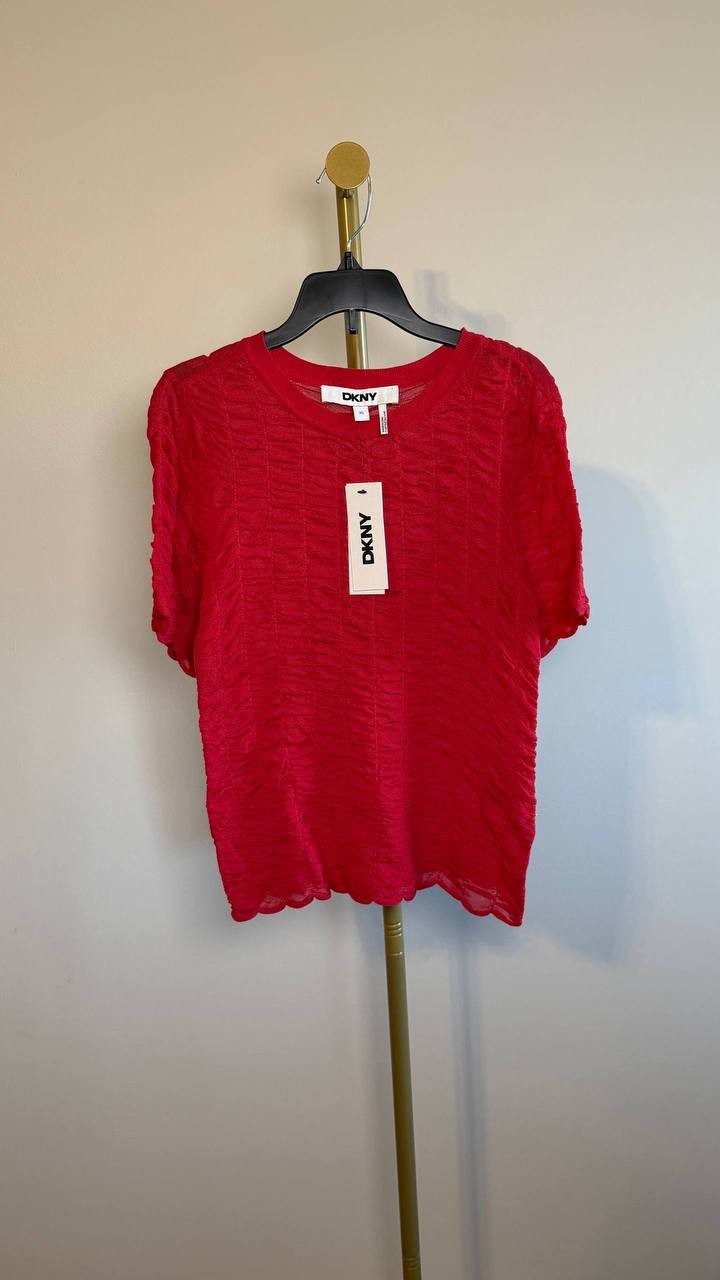 DKNY Short Sleeve Pucket Knit Top Summer Cherry XS NWT $89
