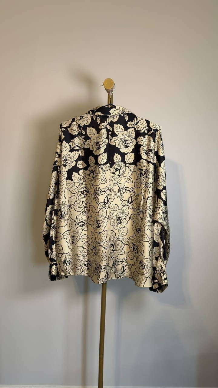 T Tahari Printed Dolman‑Sleeve Button Blouse Gold/Black L NWT $78