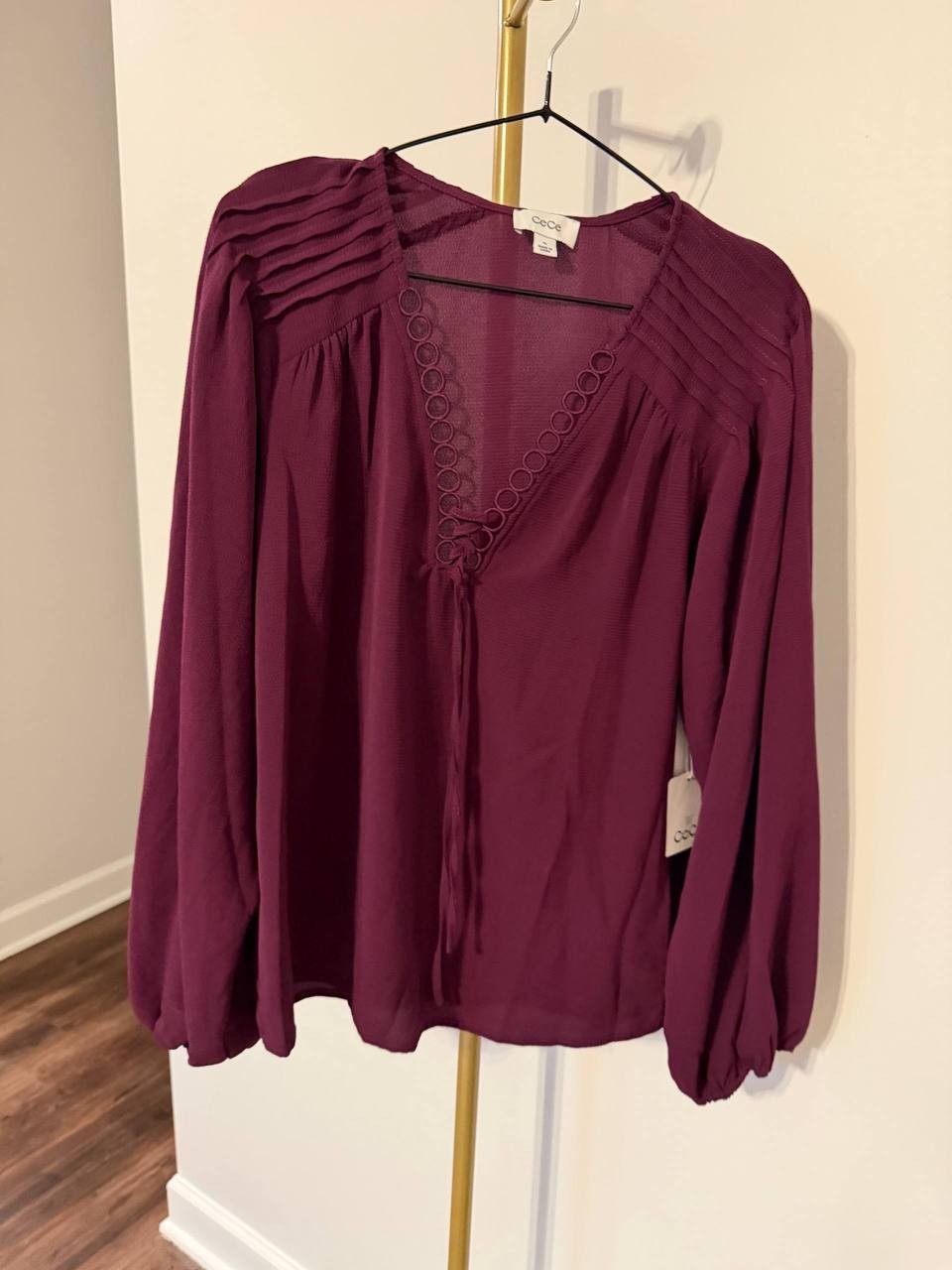 CeCe Circular Trim Pin‑Tuck Long‑Sleeve Top Pink Size XL NWT msrp$79
